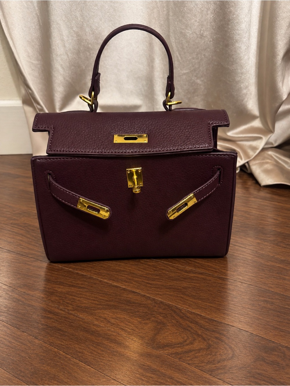 Plum Burgundy Structured Top Handle Bag Gold Hardware + Strap